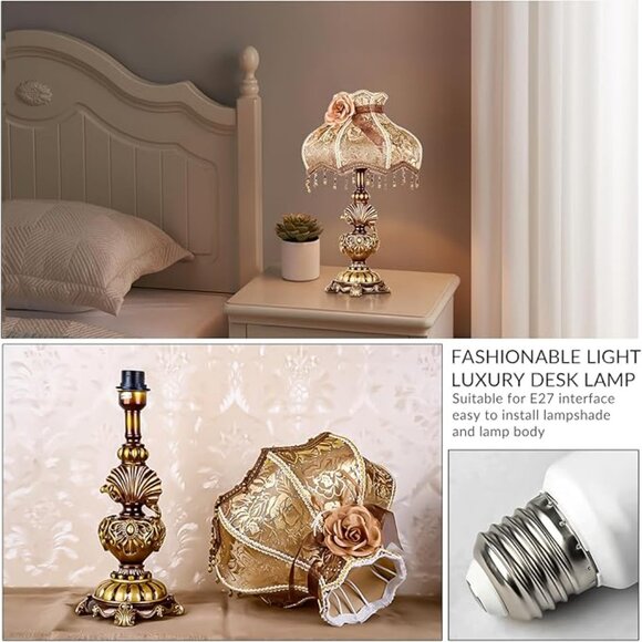 Traditional Victorian Table Lamp Brown Handmade Lace Fabric Lampshade European - Picture 4 of 4